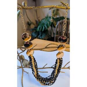 C1946 Multi Strand Statement Necklace 12-15" Gold Tone Circles Chain Wood Beads